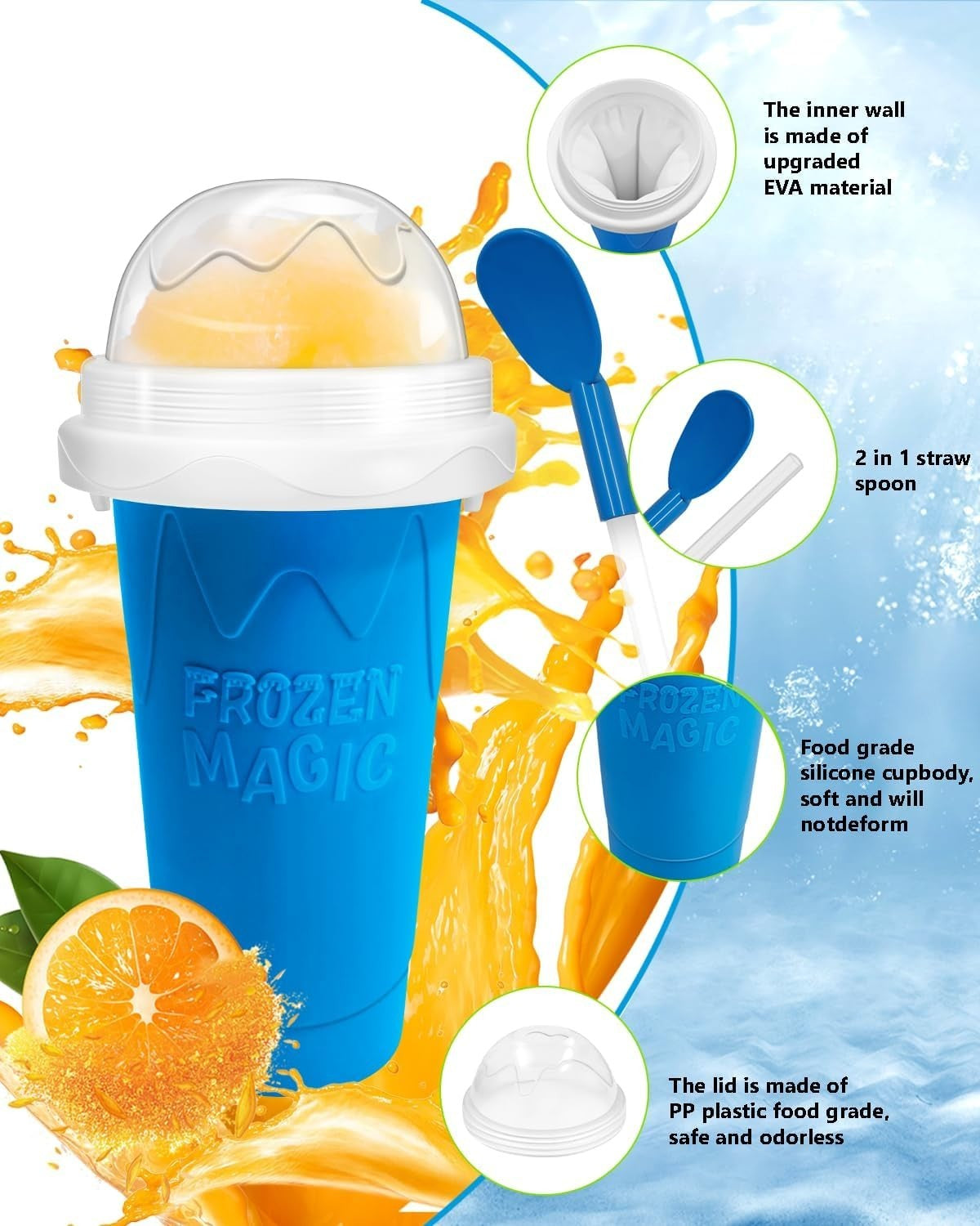 Create Delicious Frozen Treats Anytime with the Magic Slushy Maker Cup – DIY Reusable Freeze Cup in Vibrant Blue, Complete with Straw & Lid!
